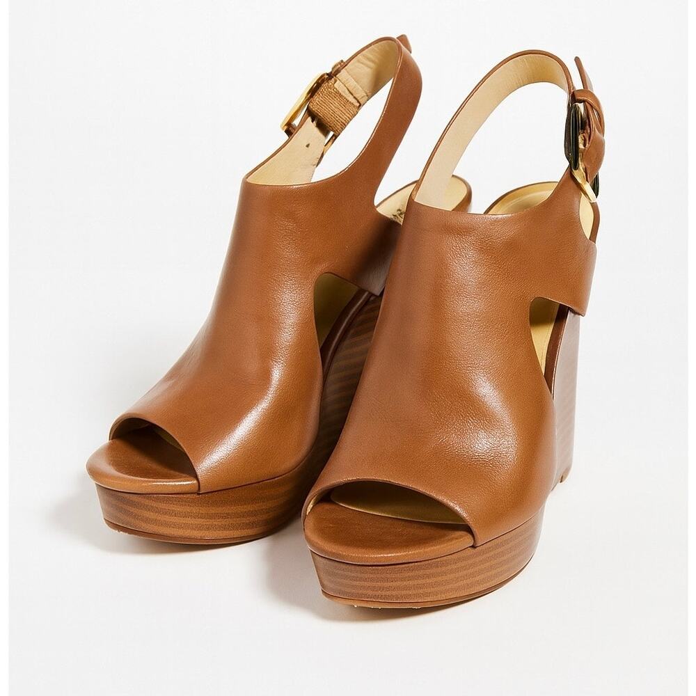 MICHAEL Michael Kors Leather Platform Wedge Sandals Brown Size 7M